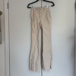 Free People Beige Flared Pants with Frayed Hem